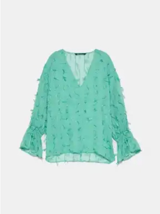 Zara Tops - Zara XL Mint Teal V-Neck Textured Long-Sleeve Blouse